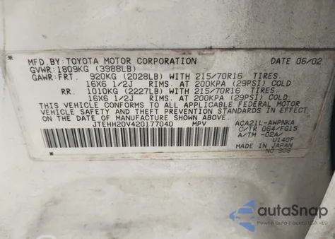 2002 Toyota Rav4 from USA, damaged, VIN JTEHH20V420177040
